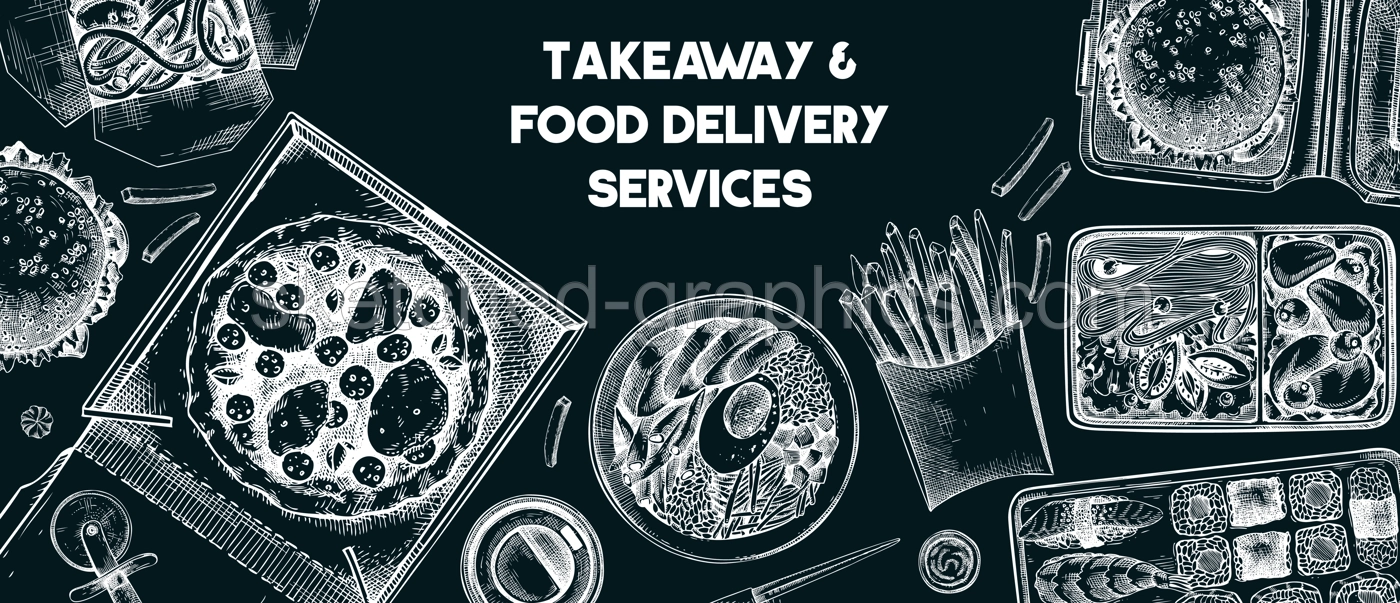 Takeaway and food delivery frame. Hand drawn vector illustration on chalkboard. Takeout food in paper box, fast food menu design. Pizza, burger, coffee, noodles, poke, sushi sketch Illustration